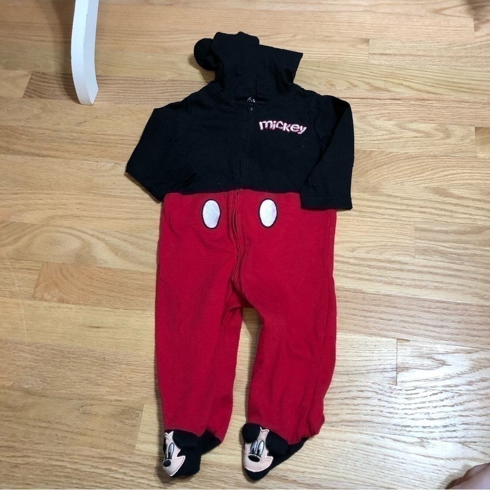 Disney Mickey Mouse Body Suit Costume 6-9 Mos Footed Hooded Ears Kids Baby